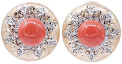 Coral, Diamonds, Rose Gold and Silver Retrò Earrings