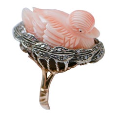 Coral, Diamonds, Rose Gold and Silver Retrò Ring.
