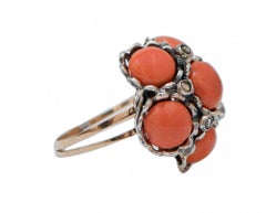 Coral, Diamonds, Rose Gold and Silver Ring.