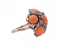 Coral, Diamonds, Rose Gold and Silver Ring.