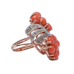 Coral, Diamonds, Rose Gold and Silver Ring.