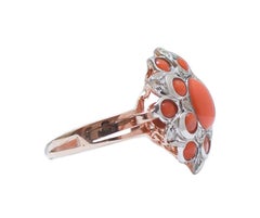 Coral, Diamonds, Rose Gold and Silver Ring.