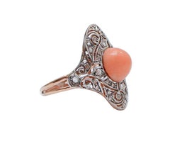 Coral, Diamonds, Rose Gold and Silver Ring.