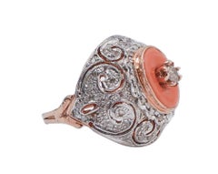 Coral, Diamonds, Rose Gold and Silver Ring.