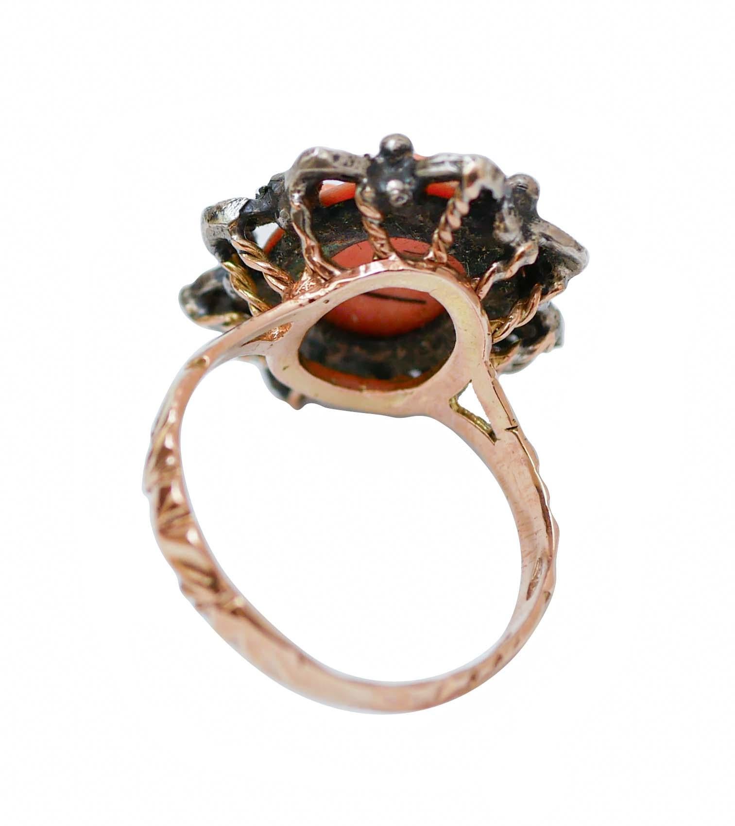 Retro Coral, Diamonds, Rose Gold and Silver Ring. For Sale