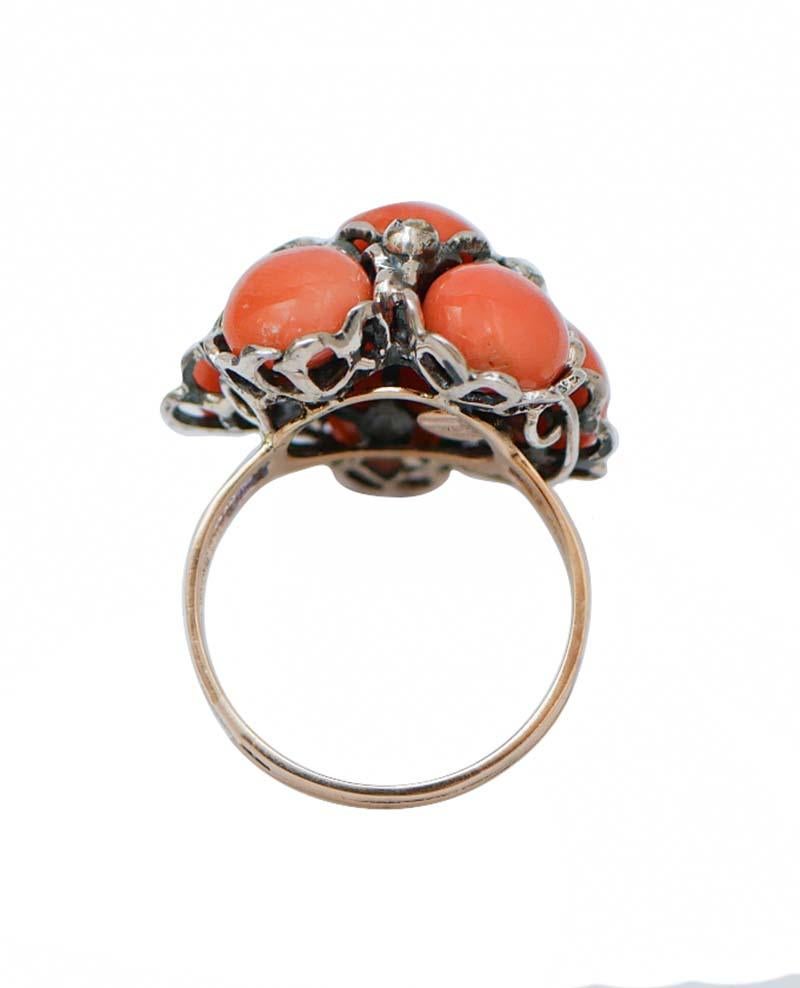 Retro Coral, Diamonds, Rose Gold and Silver Ring. For Sale