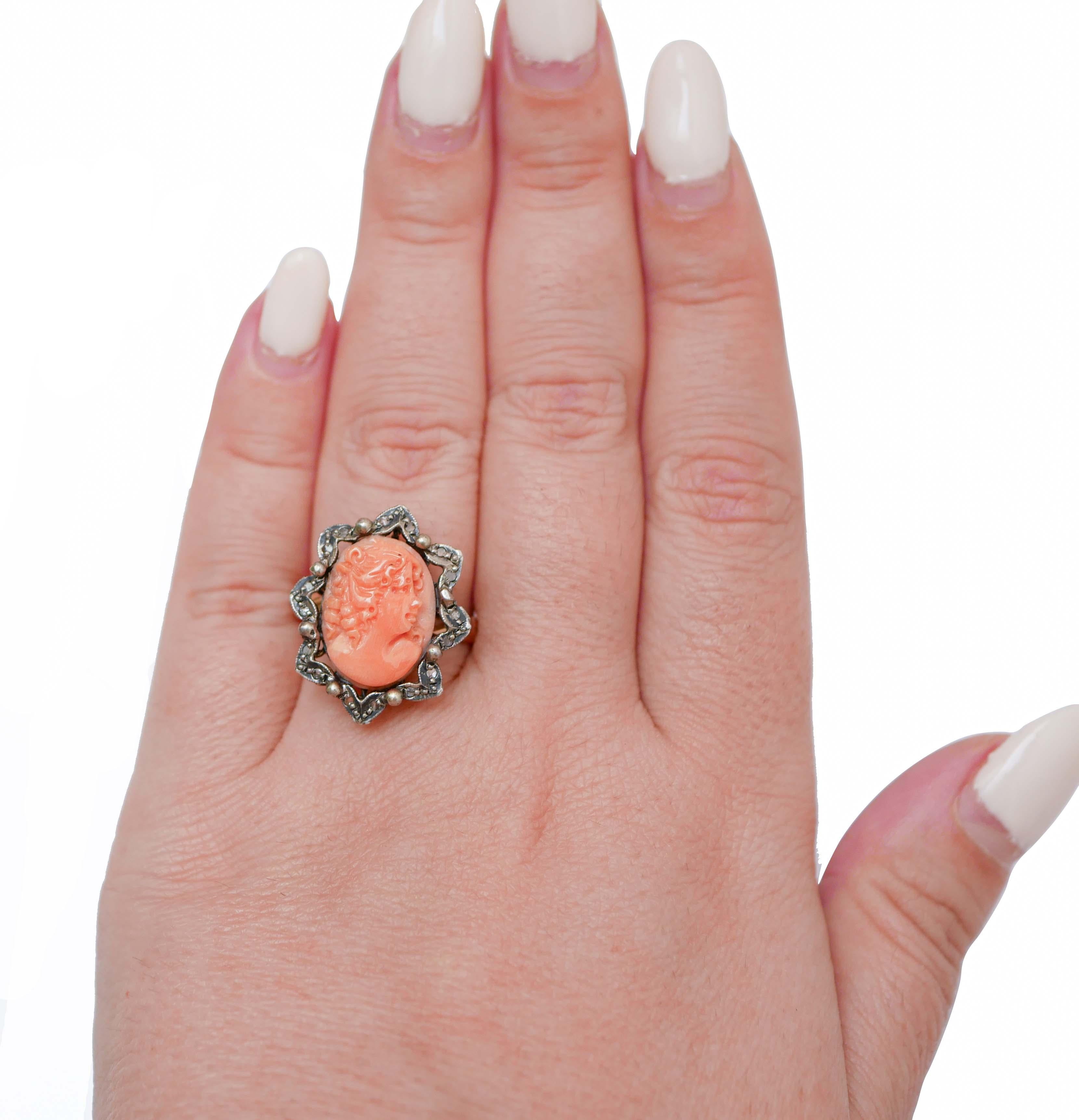Mixed Cut Coral, Diamonds, Rose Gold and Silver Ring. For Sale