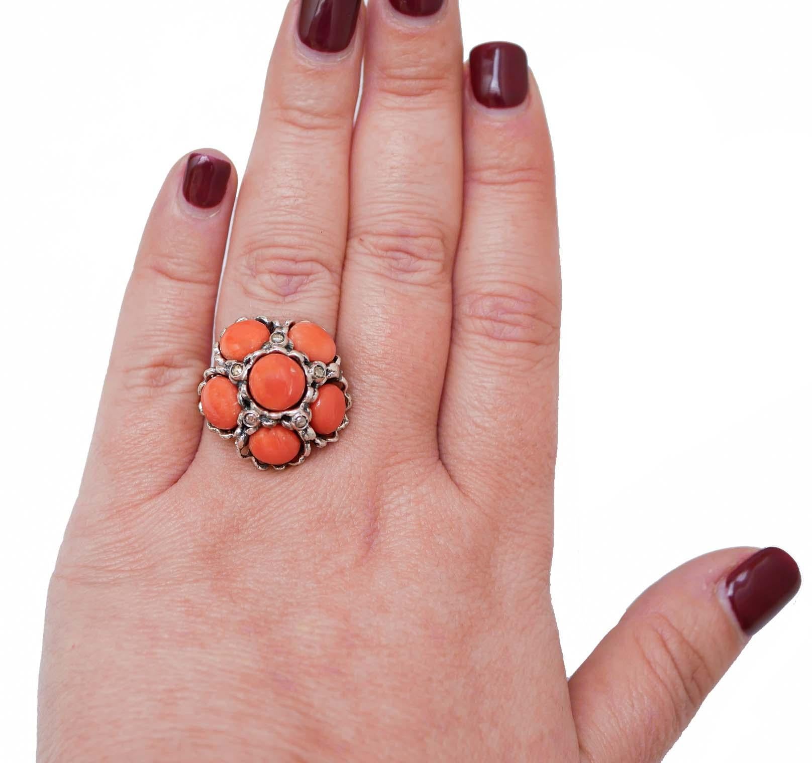 Mixed Cut Coral, Diamonds, Rose Gold and Silver Ring. For Sale