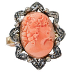Coral, Diamonds, Rose Gold and Silver Ring.