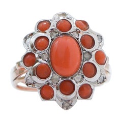 Coral, Diamonds, Rose Gold and Silver Ring.
