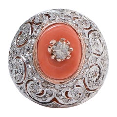 Coral, Diamonds, Rose Gold and Silver Ring.