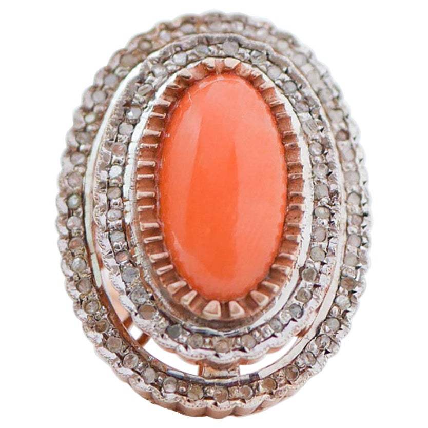 Coral, Diamonds, Rose Gold and Silver Ring
