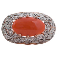 Bague en or rose, diamants et corail
