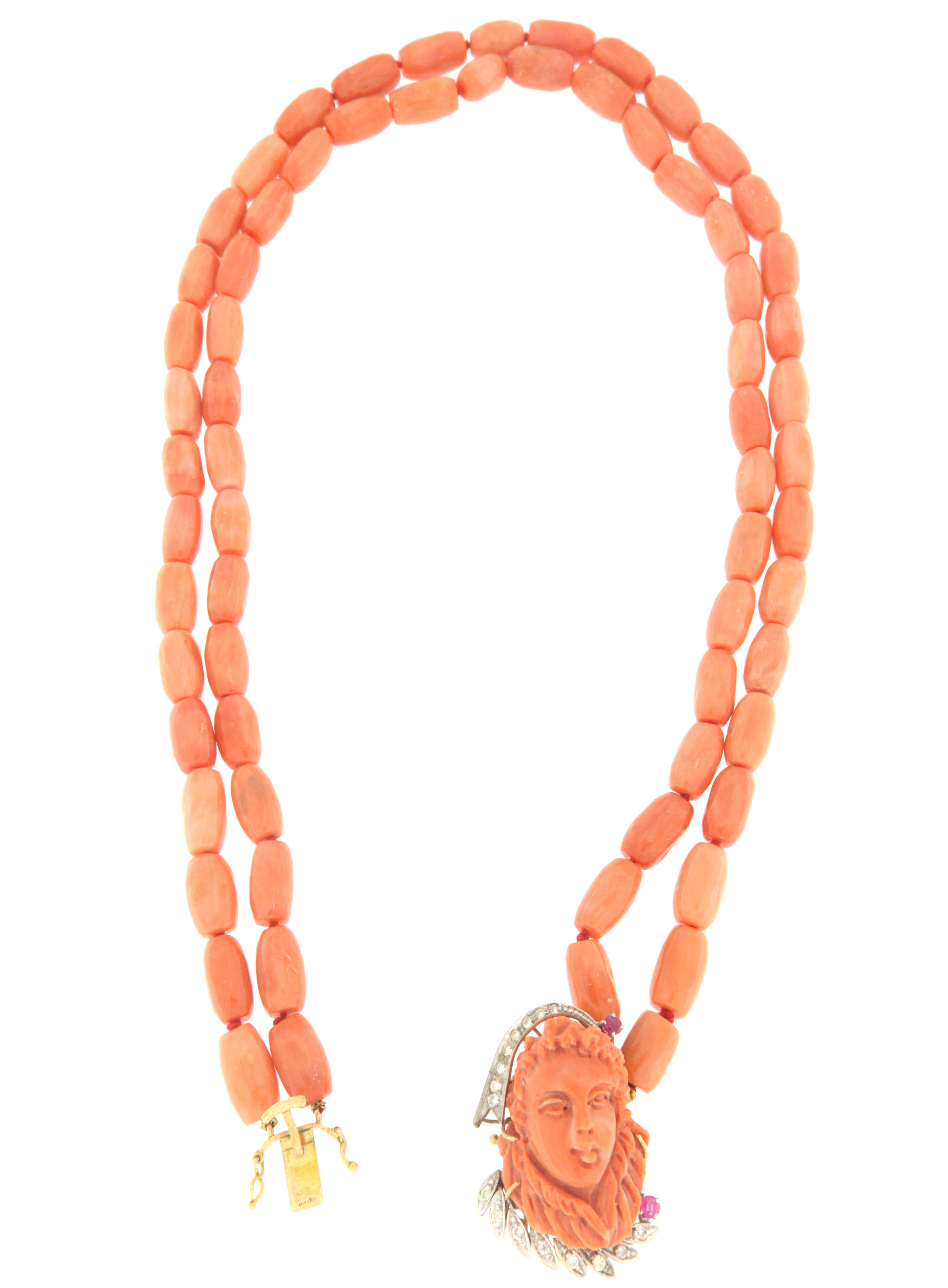 Artisan Coral Diamonds Rubies 14 Karat Yellow And White Gold Multi-Strand Necklace For Sale