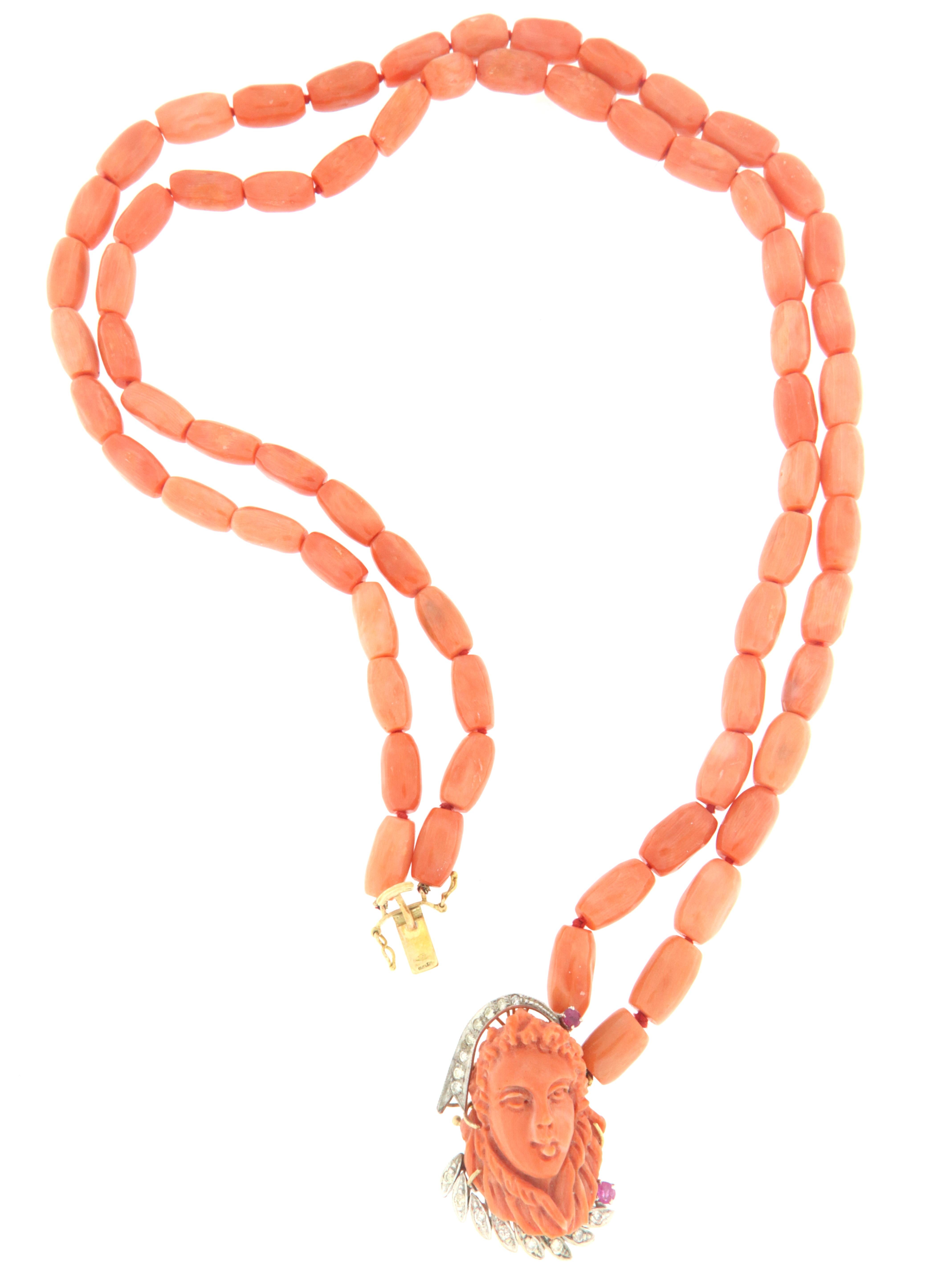 Brilliant Cut Coral Diamonds Rubies 14 Karat Yellow And White Gold Multi-Strand Necklace For Sale