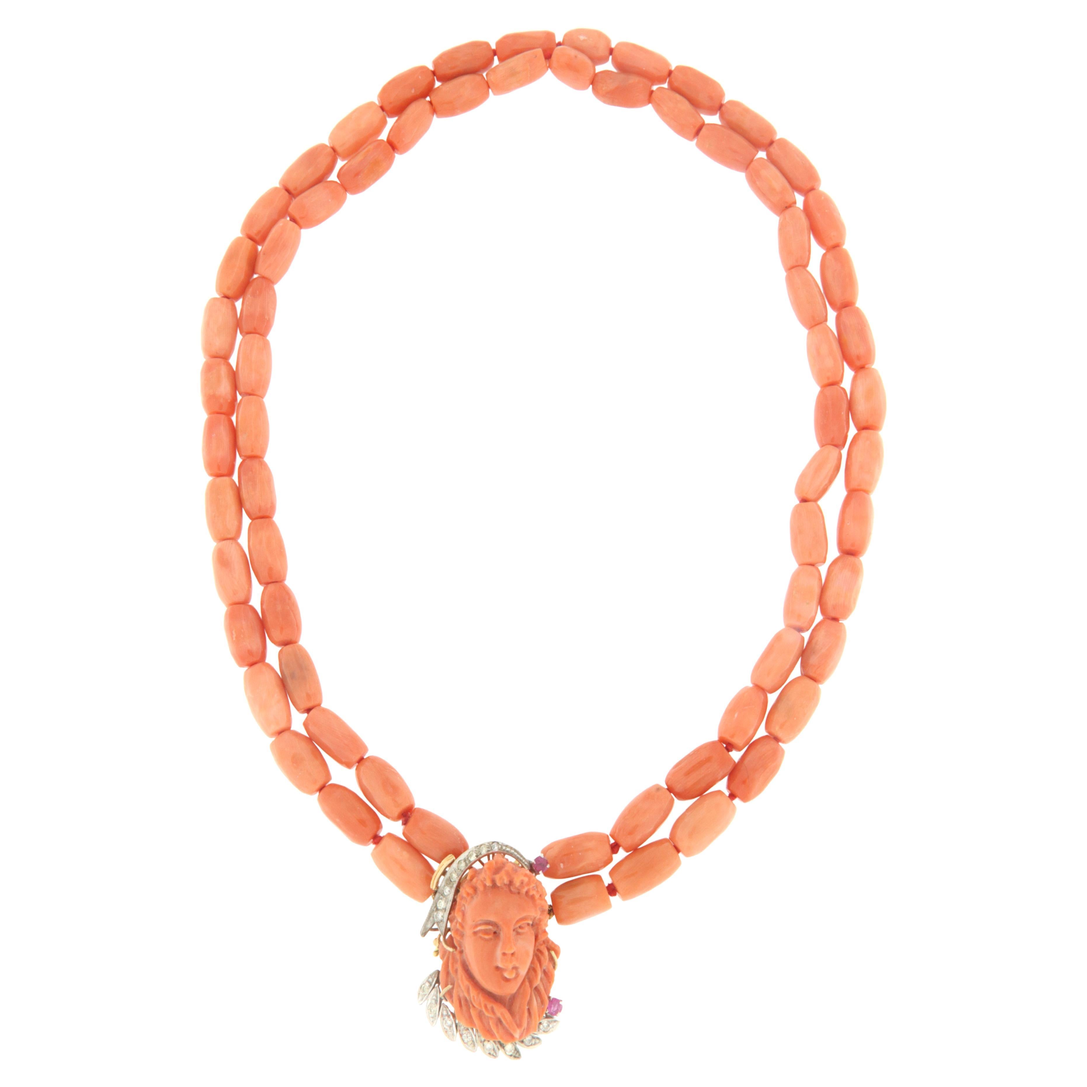 Koralle Diamanten Rubine 14 Karat Gelb- und Weißgold Mehrstrangige Halskette im Angebot