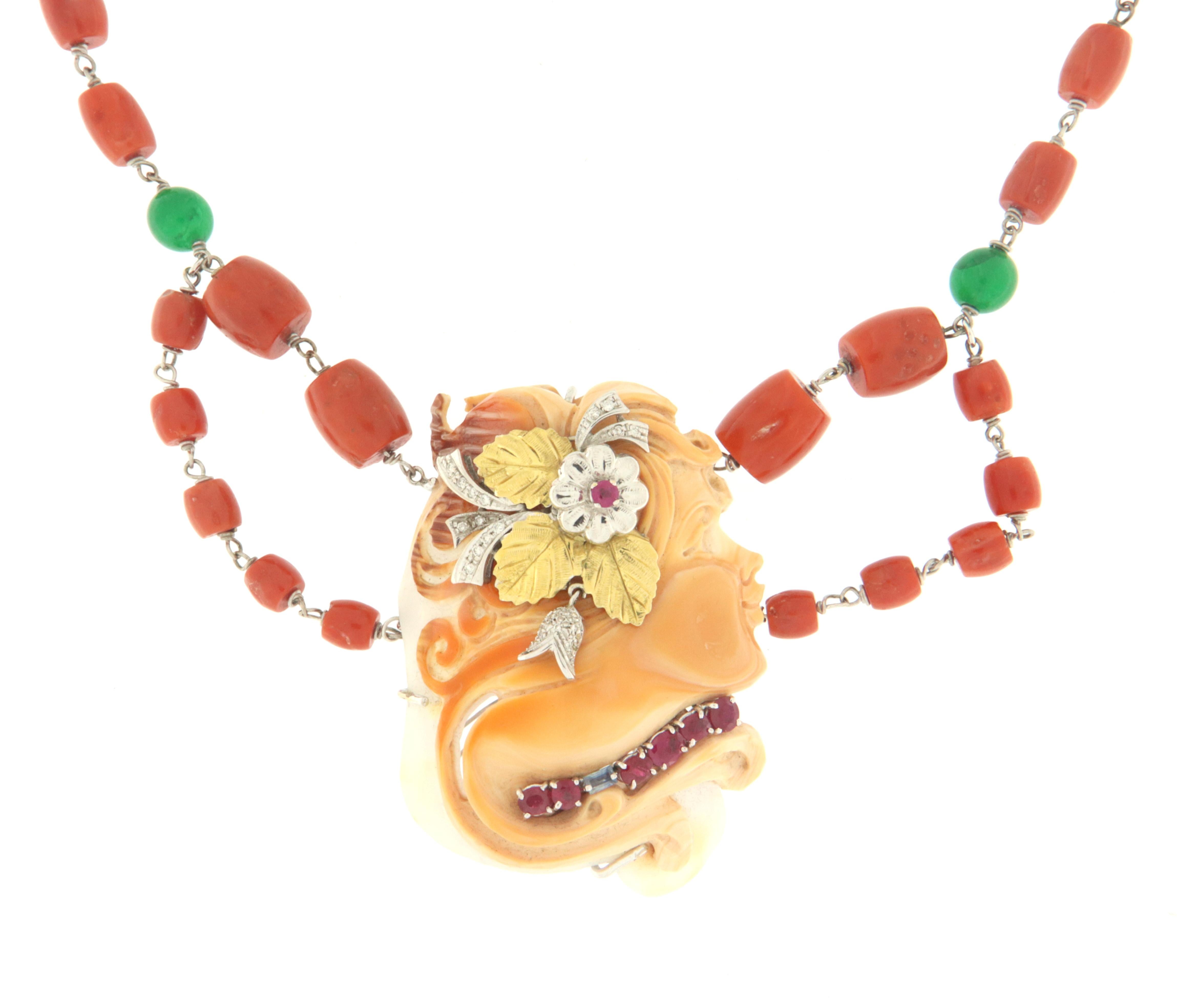 Artisan Coral Diamonds Rubies 18 Karat Yellow And White Gold Pendant Necklace For Sale