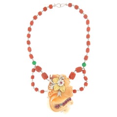 Korallen-Diamanten-Rubine 18 Karat Gelb- und Weißgold-Anhänger-Halskette