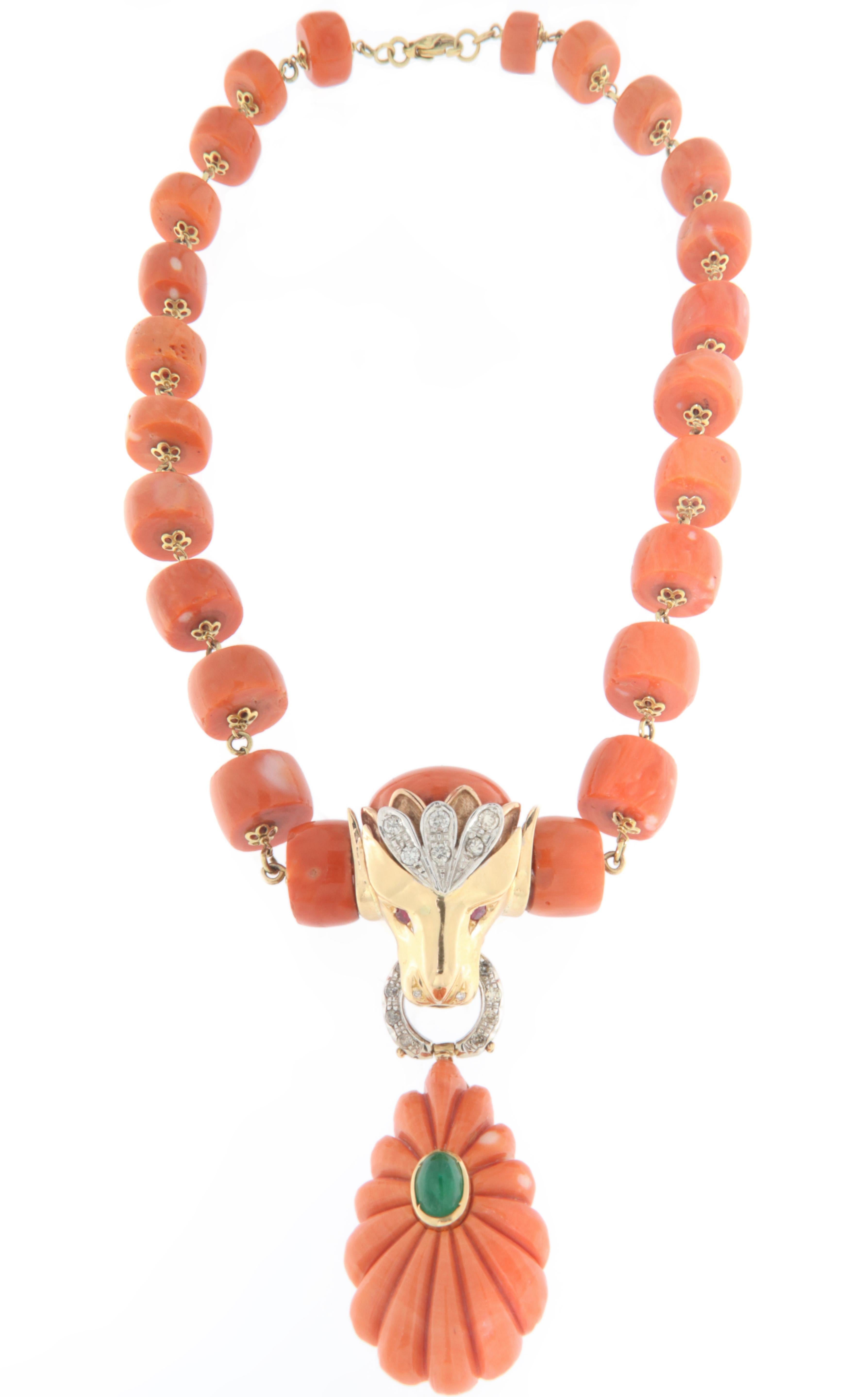 Artisan Coral Diamonds Rubies Agate 18 Karat Yellow Gold Pendant Necklace For Sale