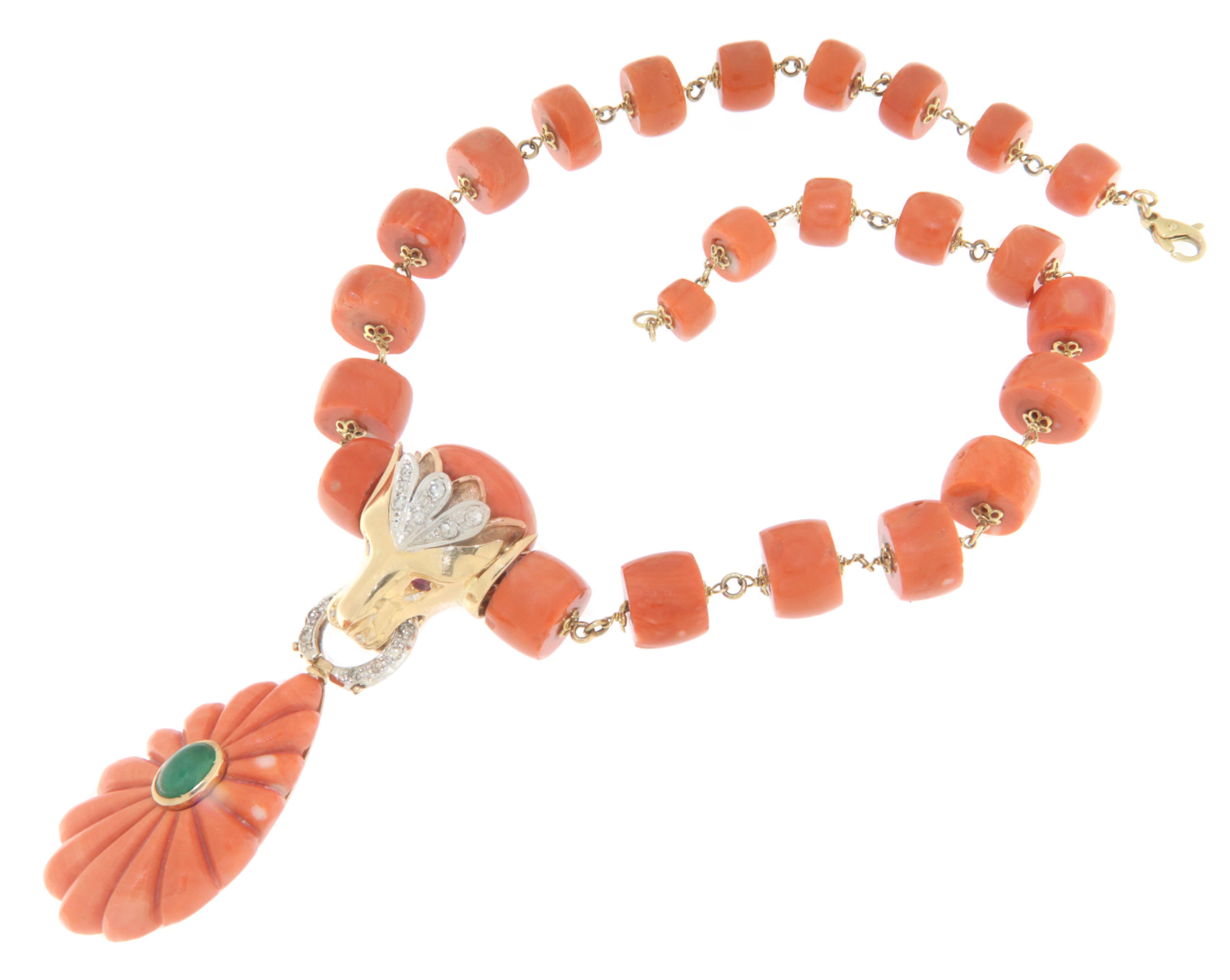 Coral Diamonds Rubies Agate 18 Karat Yellow Gold Pendant Necklace In New Condition For Sale In Marcianise, IT