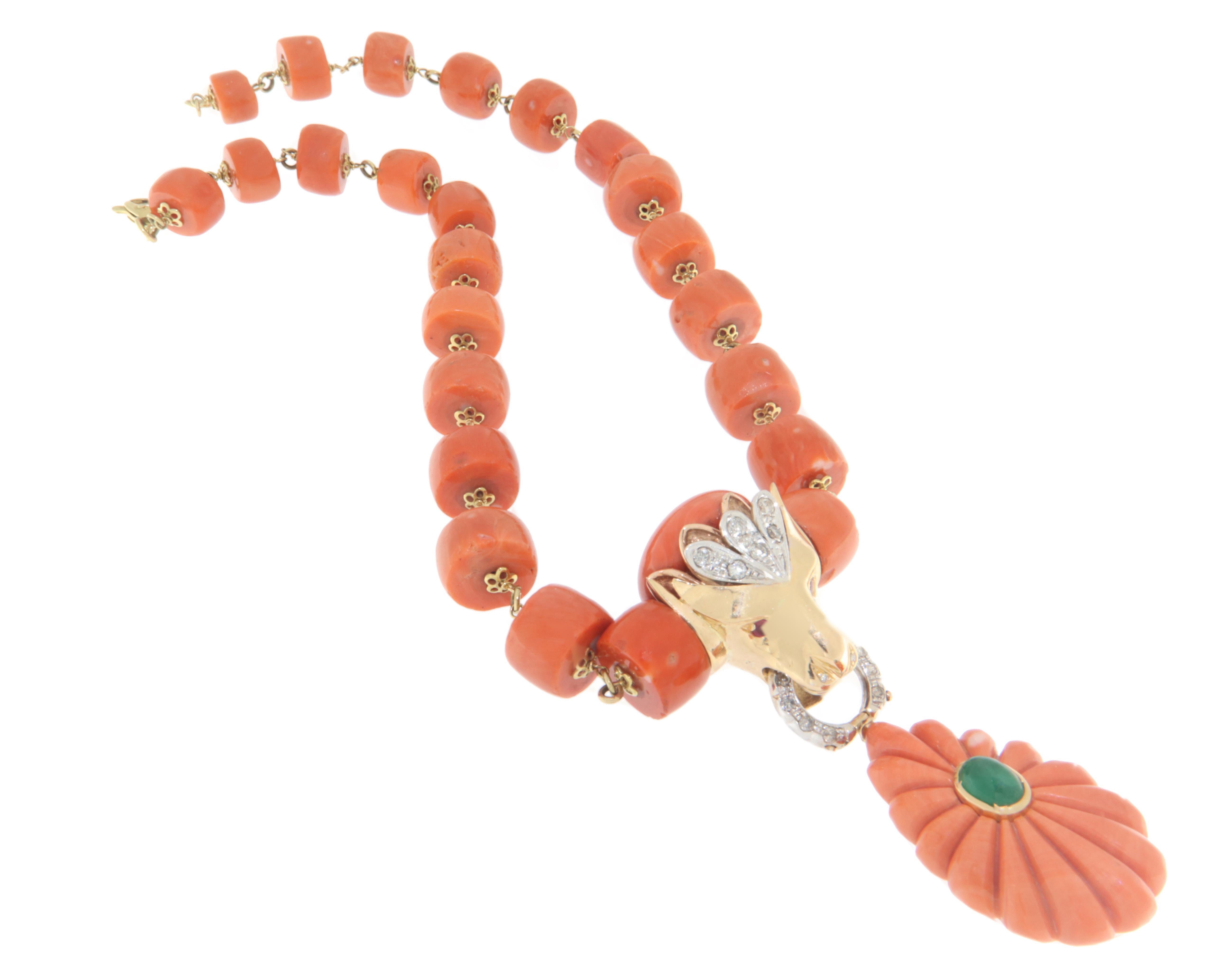 Women's Coral Diamonds Rubies Agate 18 Karat Yellow Gold Pendant Necklace For Sale