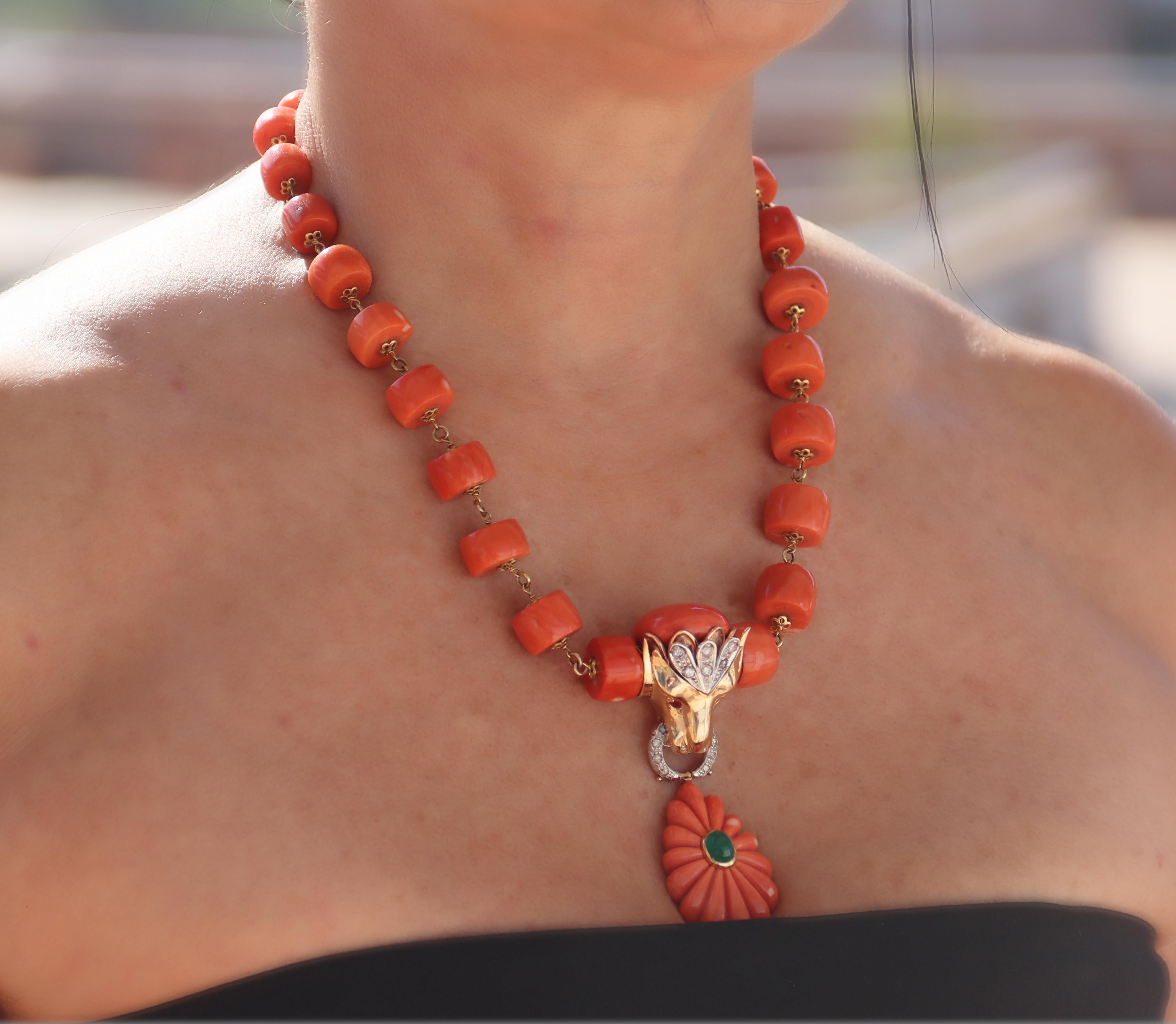 Coral Diamonds Rubies Agate 18 Karat Yellow Gold Pendant Necklace For Sale 2