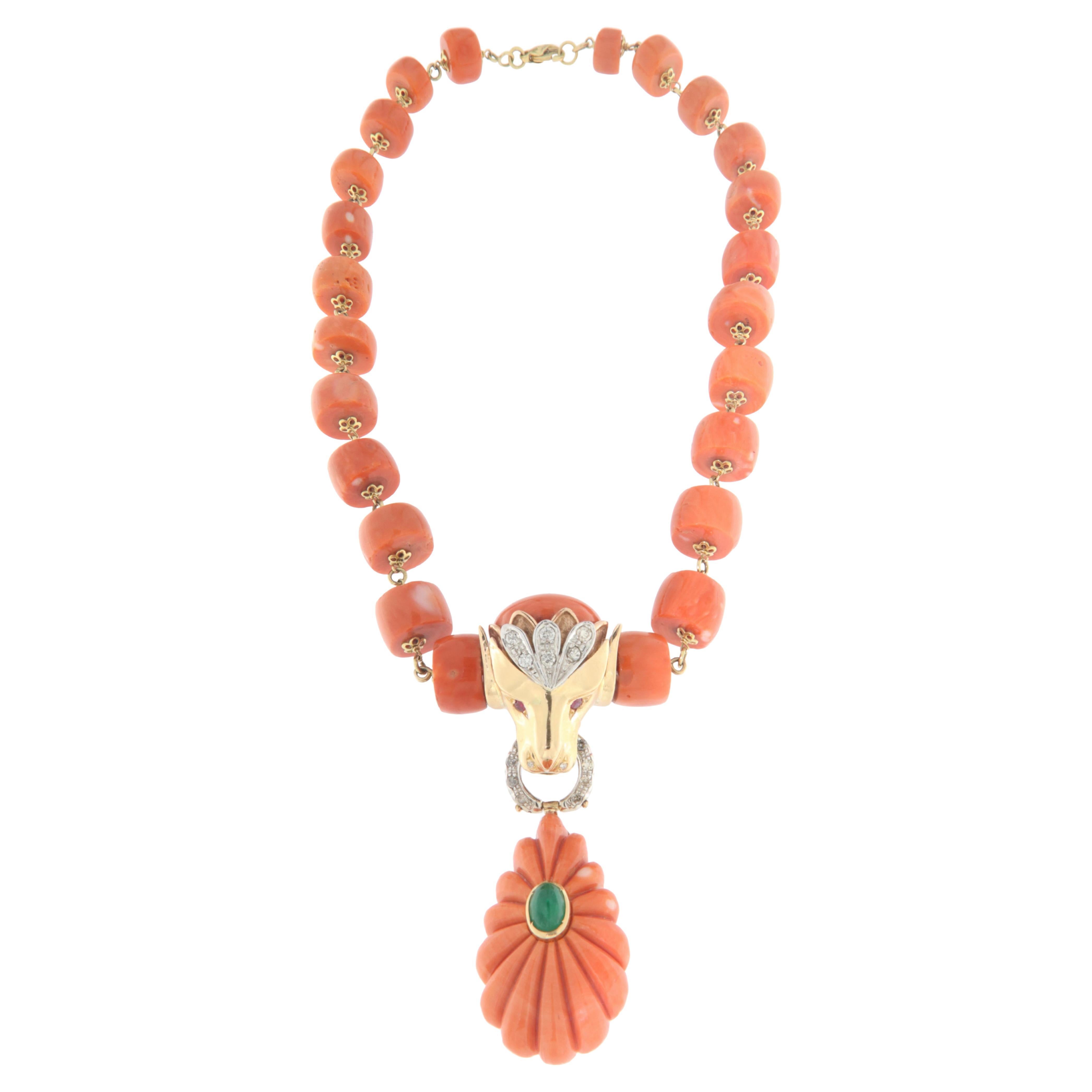 Coral Diamonds Rubies Agate 18 Karat Yellow Gold Pendant Necklace For Sale