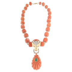 Collar Colgante Oro Amarillo 18 Kilates Coral Diamantes Rubíes Ágata