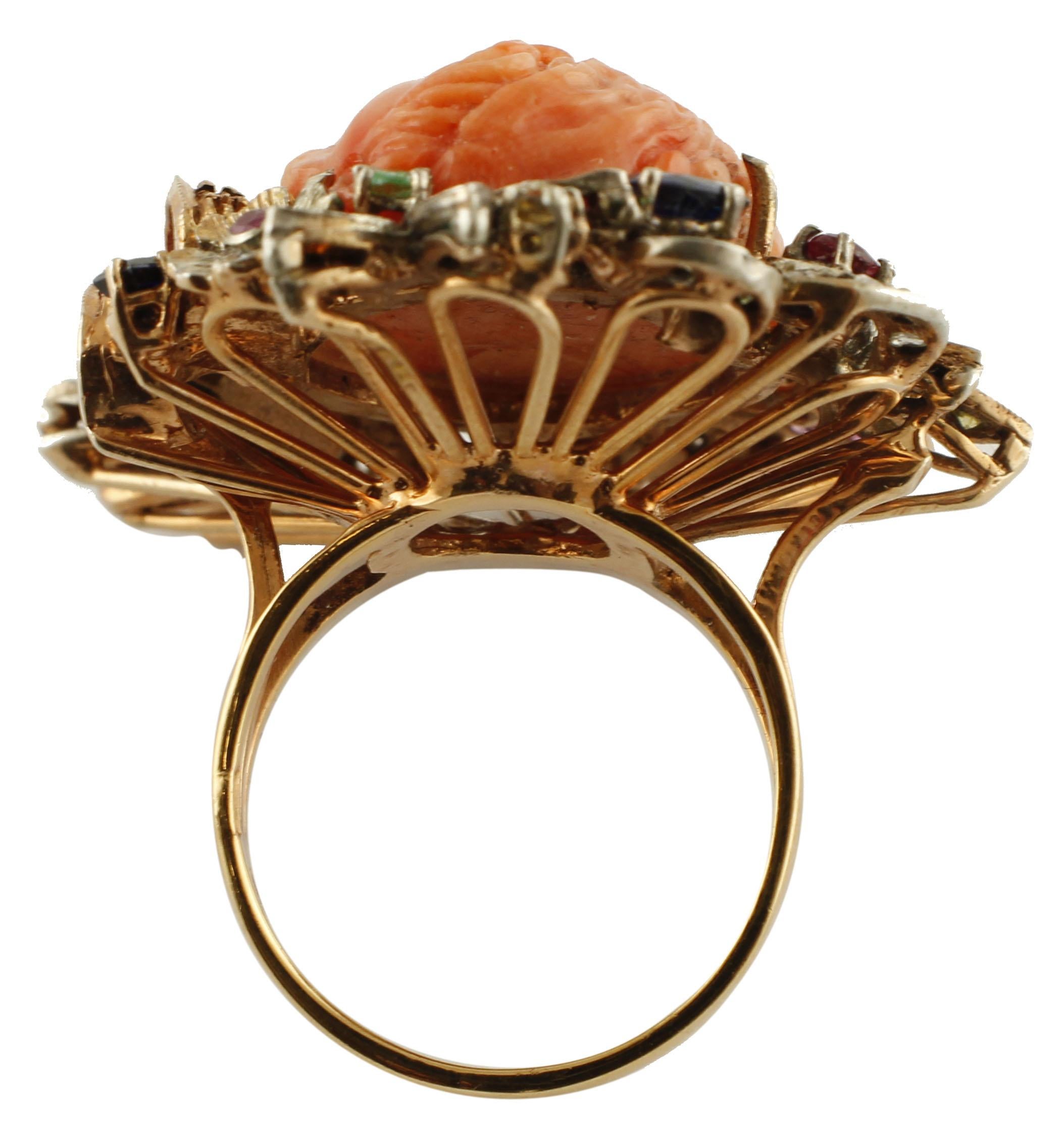 Coral, Diamonds, Rubies, Emerald, Sapphires, 9 Karat Gold and Silver Retro Ring In Excellent Condition In Marcianise, Marcianise (CE)