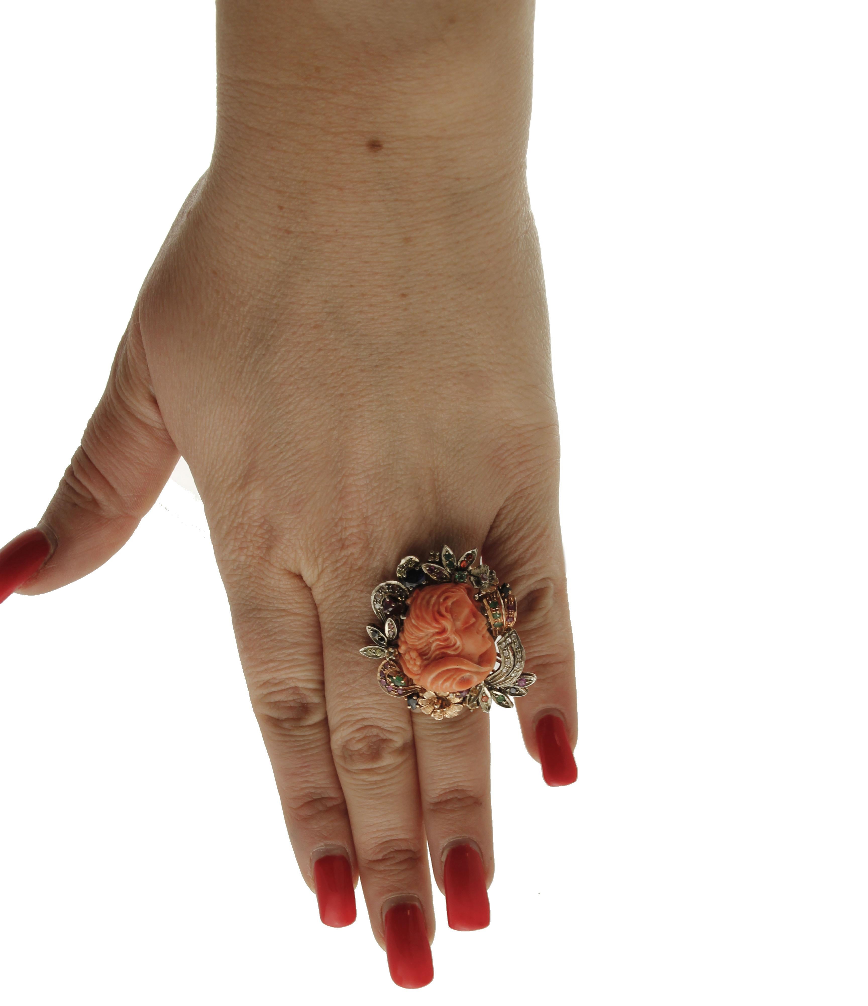 Coral, Diamonds, Rubies, Emerald, Sapphires, 9 Karat Gold and Silver Retro Ring 1