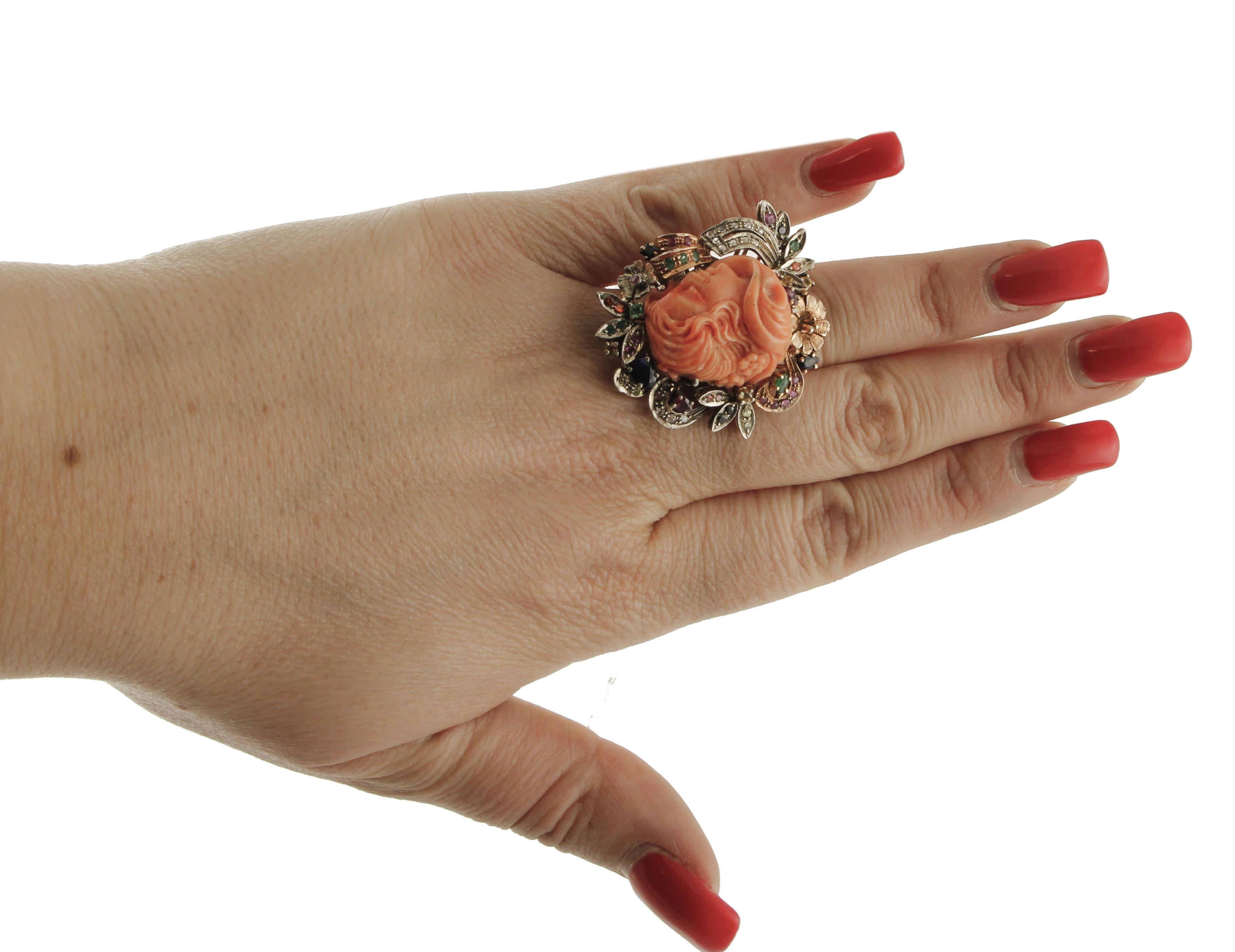 Coral, Diamonds, Rubies, Emerald, Sapphires, 9 Karat Gold and Silver Retro Ring 2