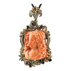 Vintage Engraved Coral, Diamonds, Rubies Emeralds, Sapphires, Gold and Silver Pendant