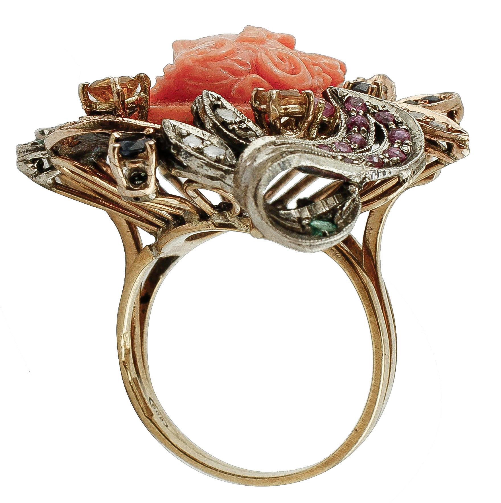 Rose Cut Engraved Coral Diamonds, Rubies, Emeralds Sapphires, Rose Gold/Silver Ring For Sale