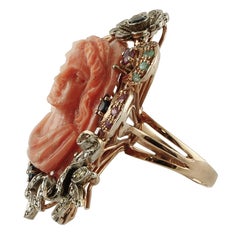 Coral, Diamonds, Rubies, Emeralds, Sapphires, 9k Rose Gold and Silver Retro Ring