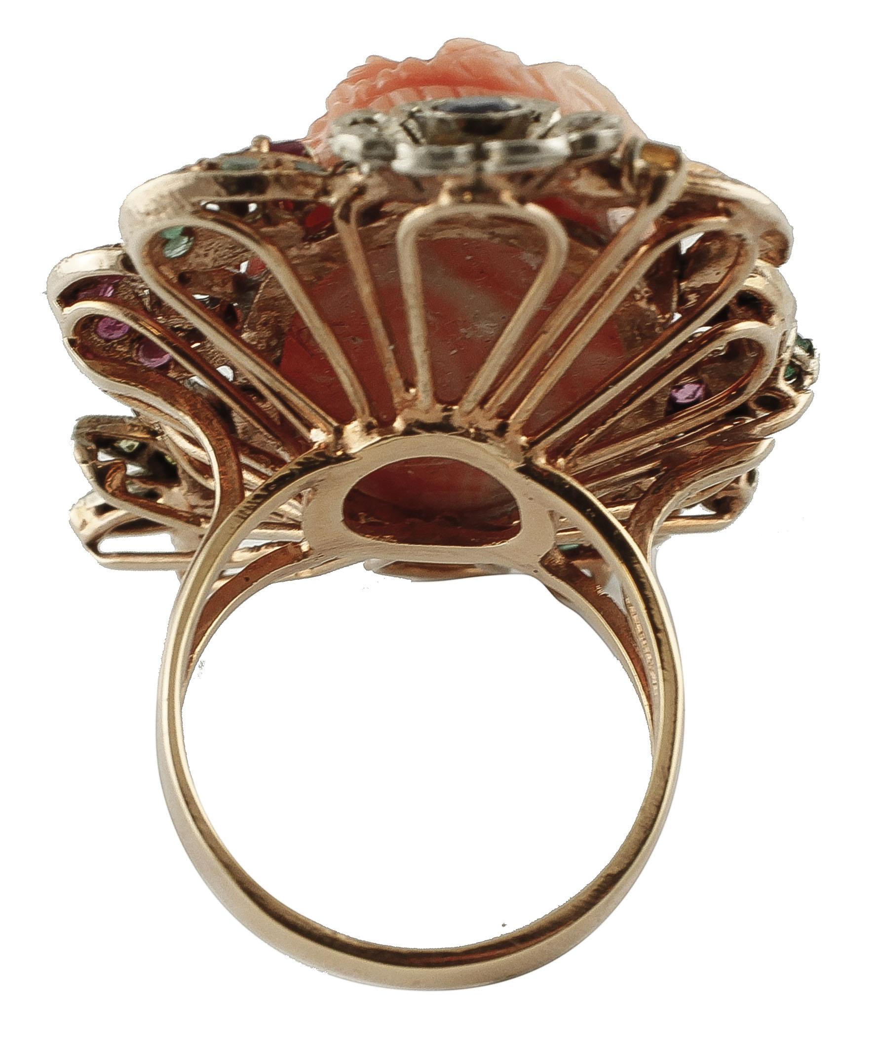 Rose Cut Coral, Diamonds, Rubies, Emeralds, Sapphires, 9k Rose Gold and Silver Retro Ring For Sale