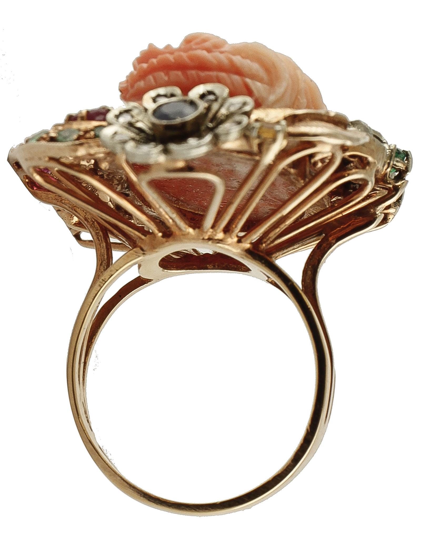 Coral, Diamonds, Rubies, Emeralds, Sapphires, 9k Rose Gold and Silver Retro Ring In Excellent Condition For Sale In Marcianise, Marcianise (CE)