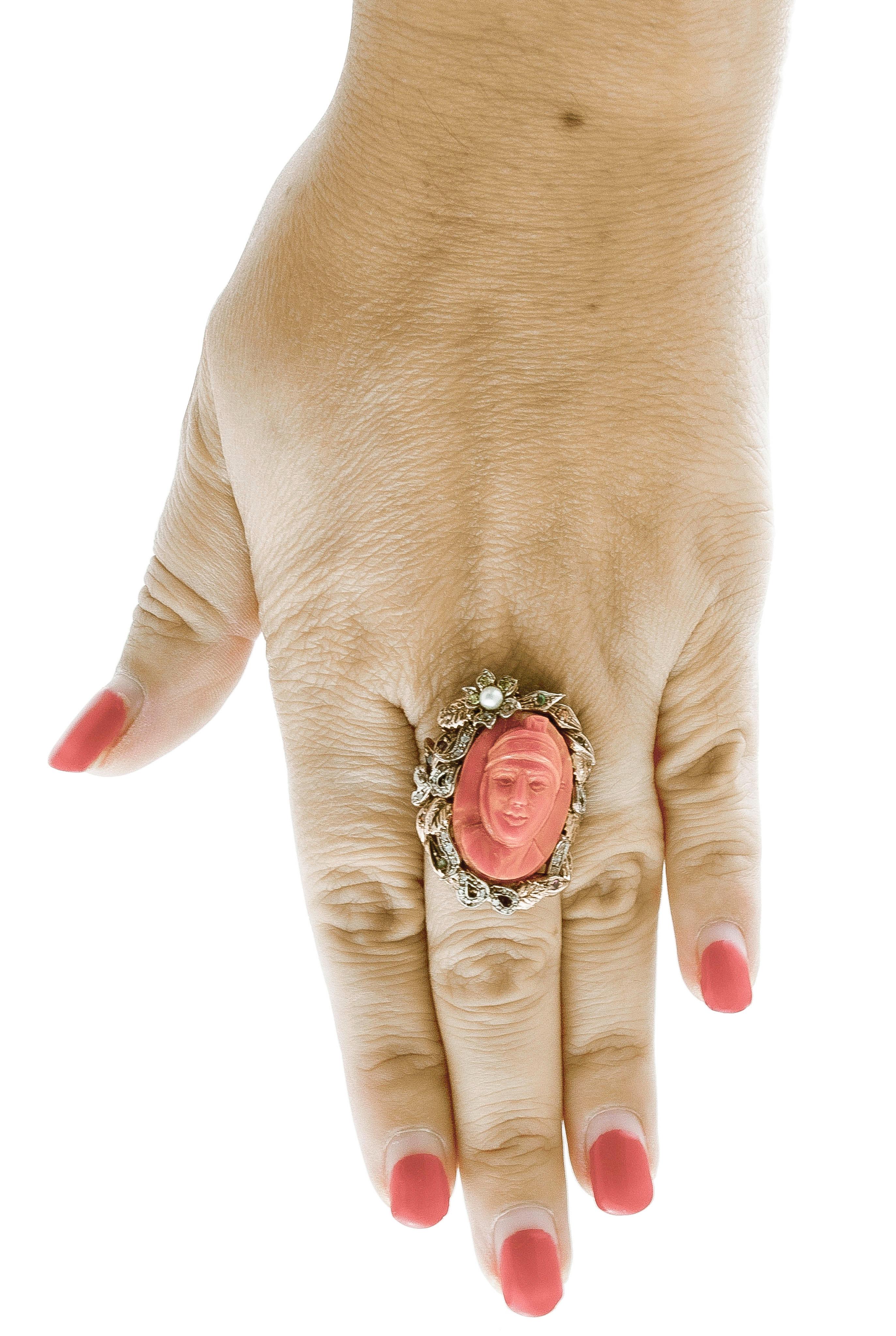 Retro Engraved Orange Coral Diamonds, Rubies, Emeralds, Sapphires, Rose Gold/Silver Ring