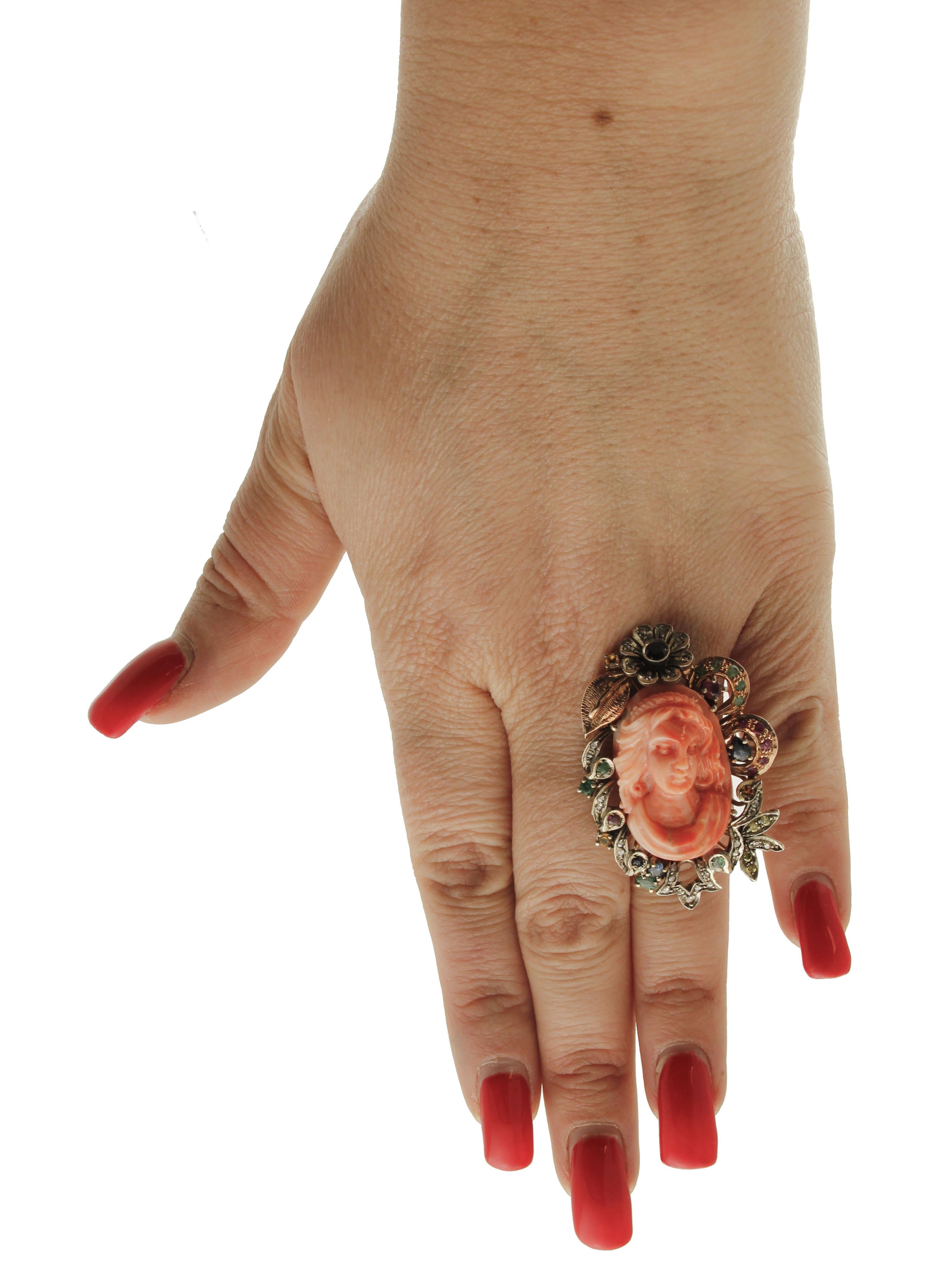 Women's Coral, Diamonds, Rubies, Emeralds, Sapphires, 9k Rose Gold and Silver Retro Ring For Sale