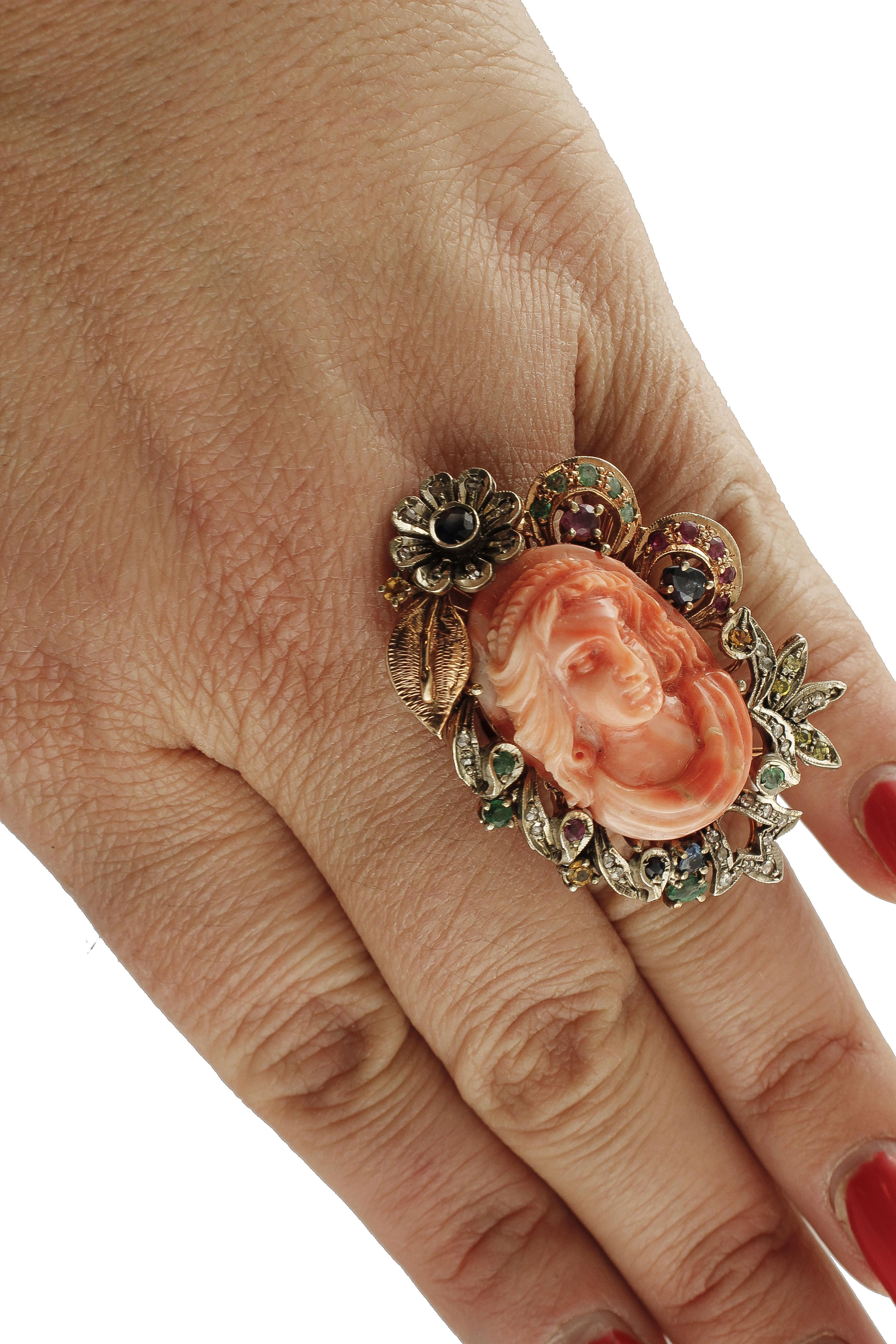 Coral, Diamonds, Rubies, Emeralds, Sapphires, 9k Rose Gold and Silver Retro Ring For Sale 1
