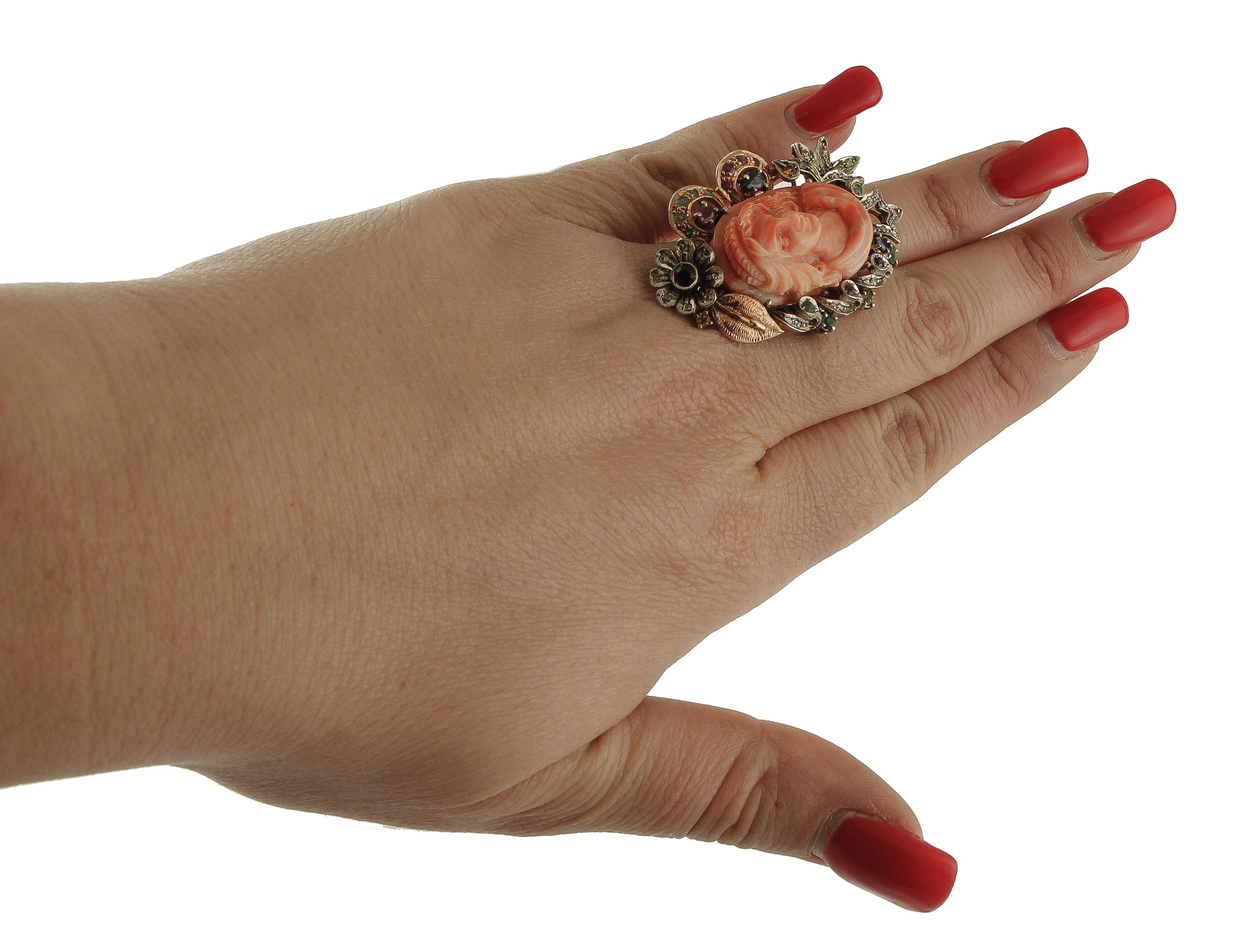 Coral, Diamonds, Rubies, Emeralds, Sapphires, 9k Rose Gold and Silver Retro Ring For Sale 2