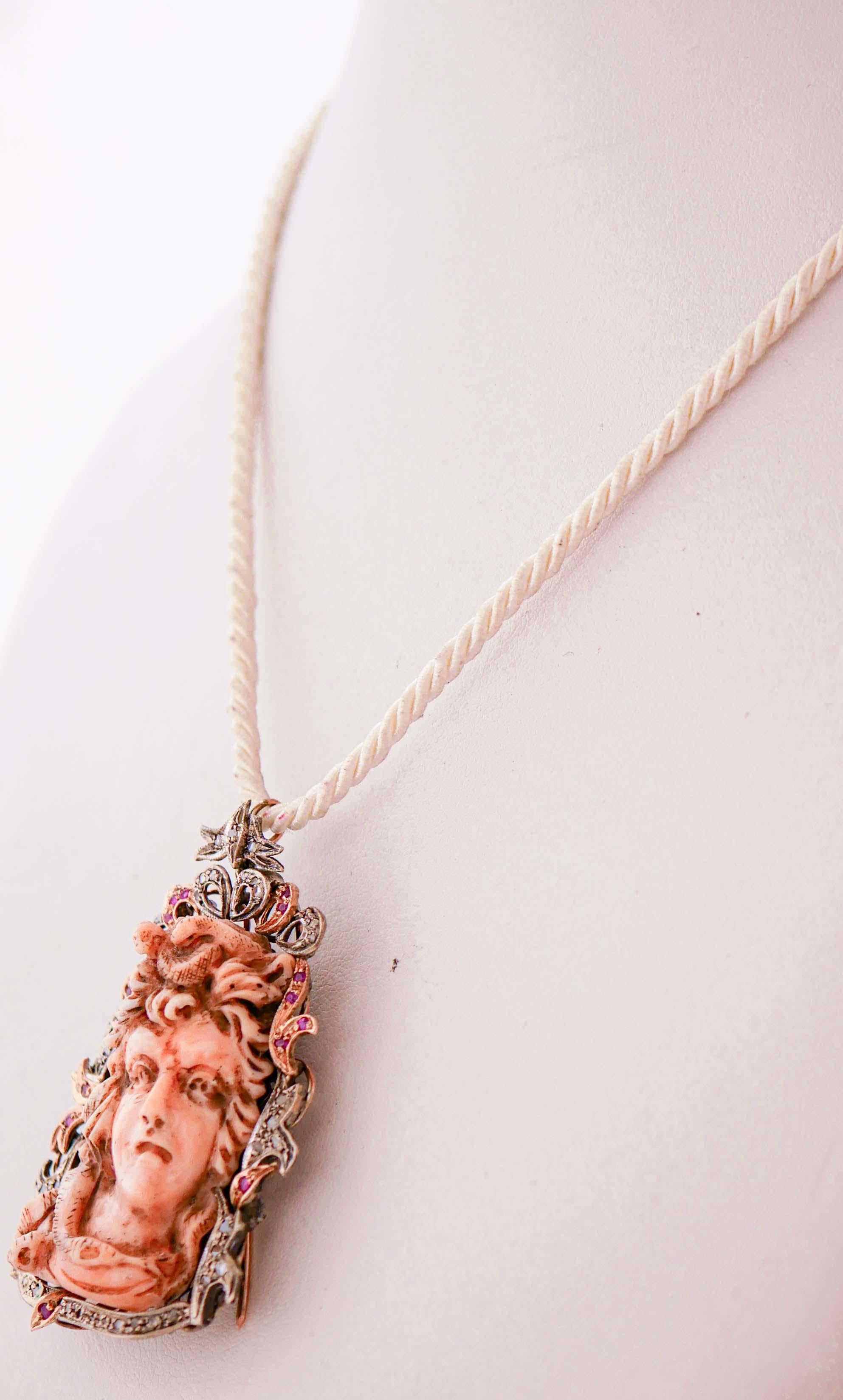 Retro Coral, Diamonds, Rubies, Rose Gold and Silver Brooch /Pendant. For Sale
