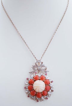 Coral, Diamonds, Rubies, Rose Gold and Silver Pendant.
