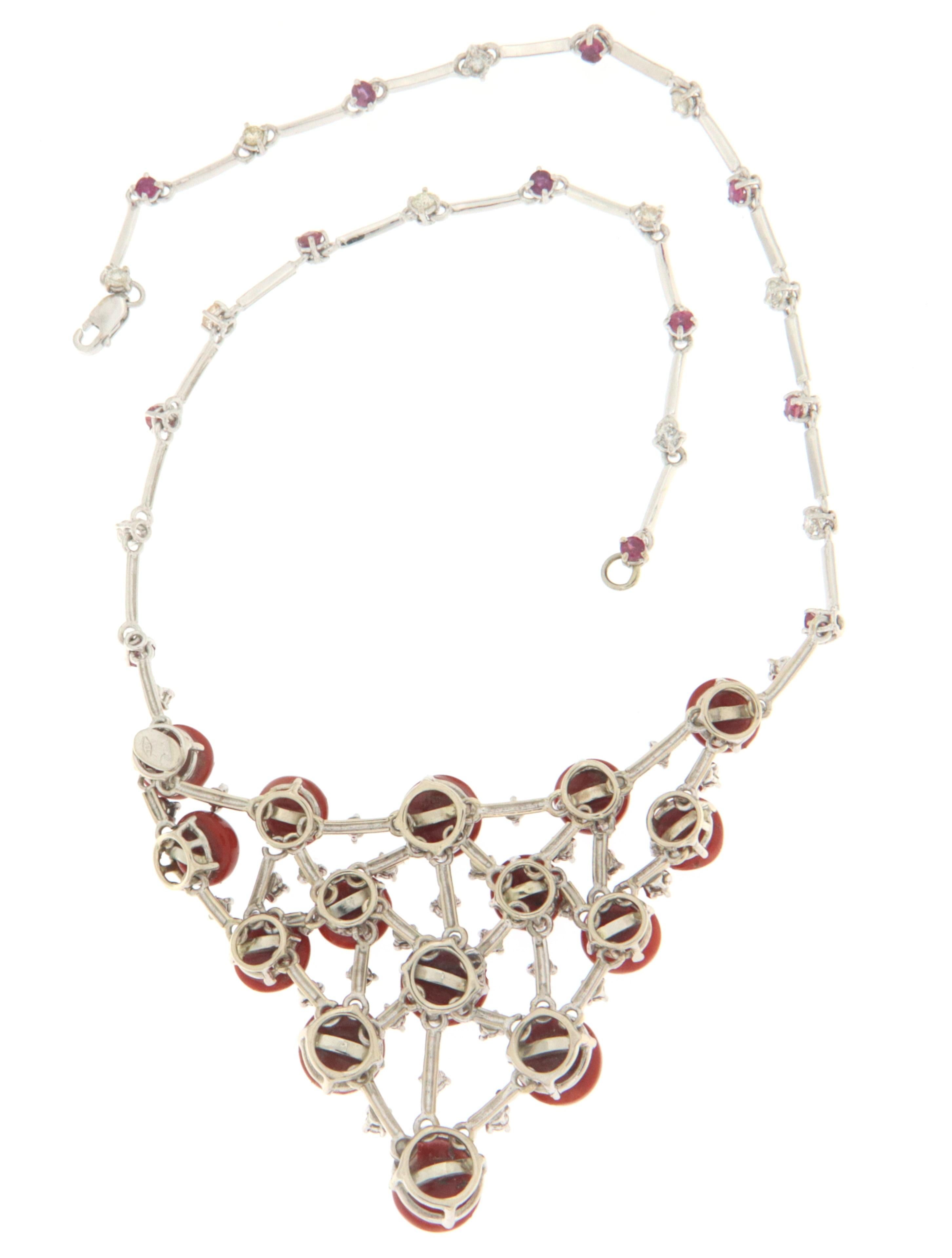 Artisan Coral Diamonds Rubies White Gold 18 Karat Choker Necklace For Sale