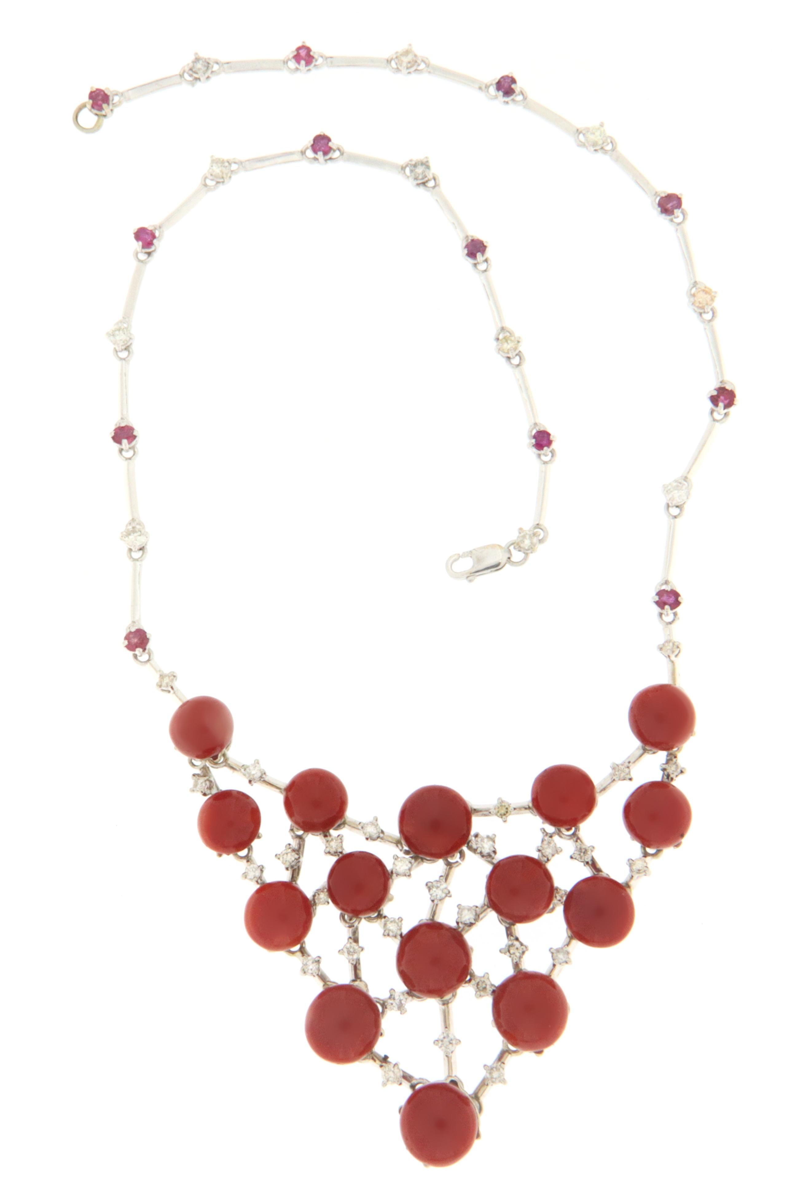 Women's Coral Diamonds Rubies White Gold 18 Karat Choker Necklace For Sale