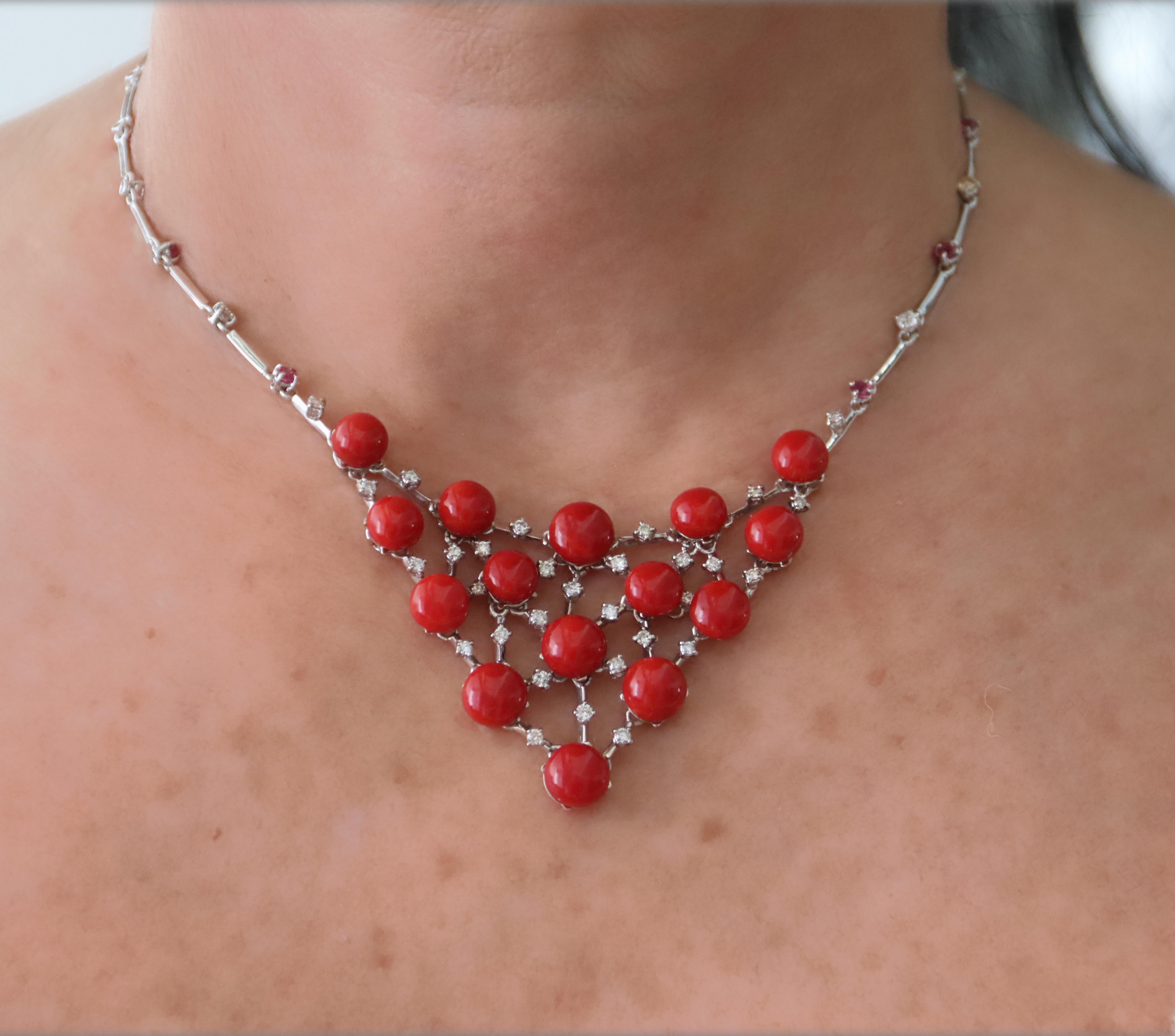 Coral Diamonds Rubies White Gold 18 Karat Choker Necklace For Sale 1