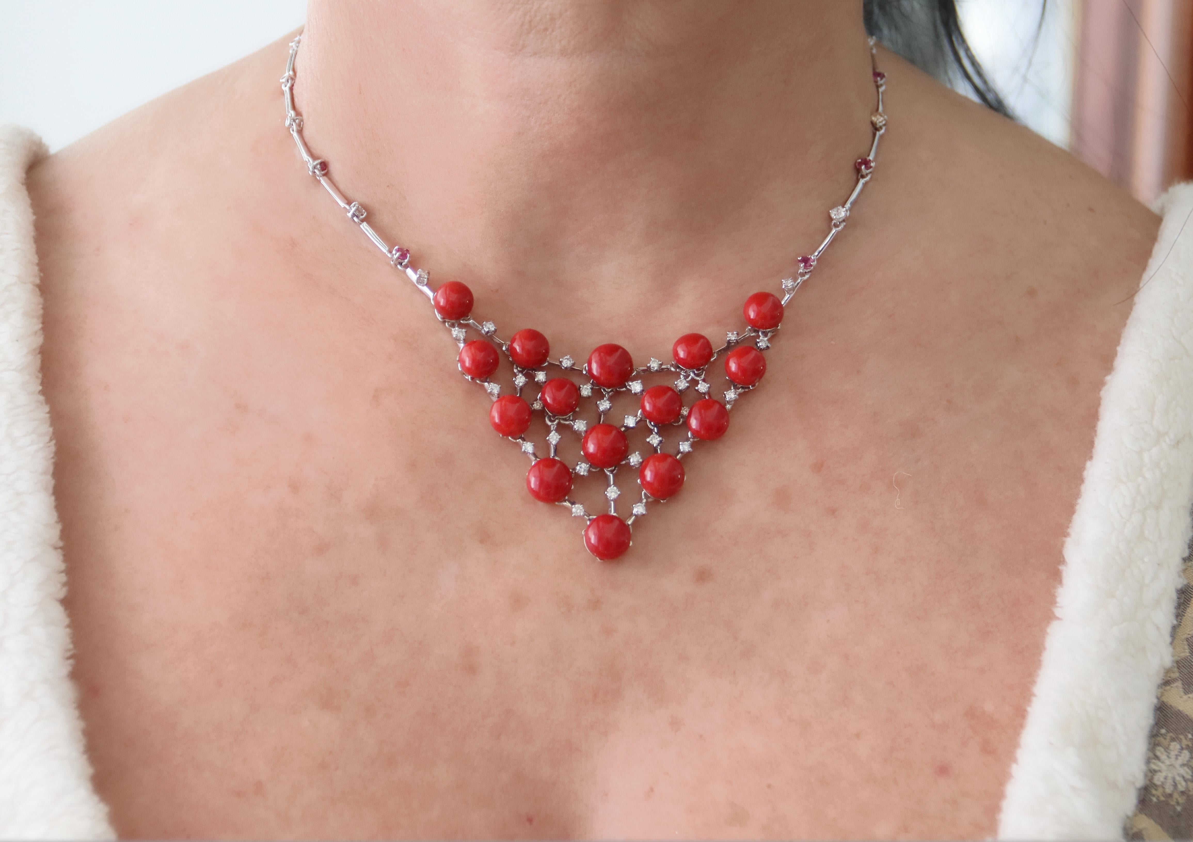 Coral Diamonds Rubies White Gold 18 Karat Choker Necklace For Sale 3