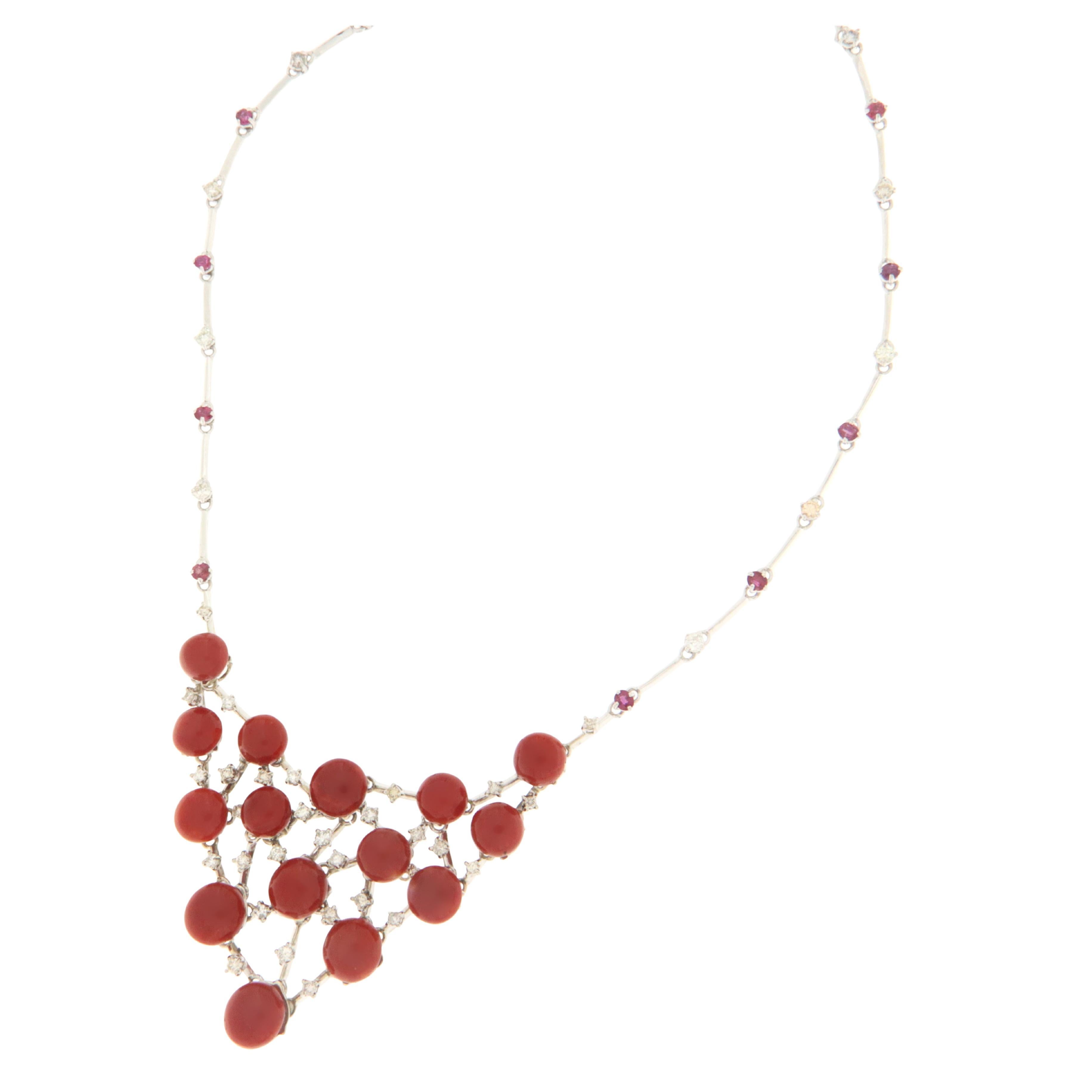 Coral Diamonds Rubies White Gold 18 Karat Choker Necklace For Sale