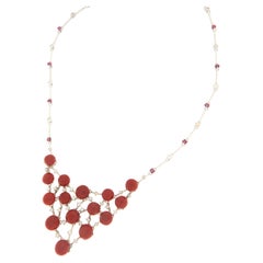 Used Coral Diamonds Rubies White Gold 18 Karat Choker Necklace