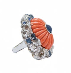 Coral, Diamonds, Sapphires, 14 Karat White Gold Ring.