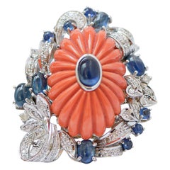 Coral, Diamonds, Sapphires, 14 Karat White Gold Ring.
